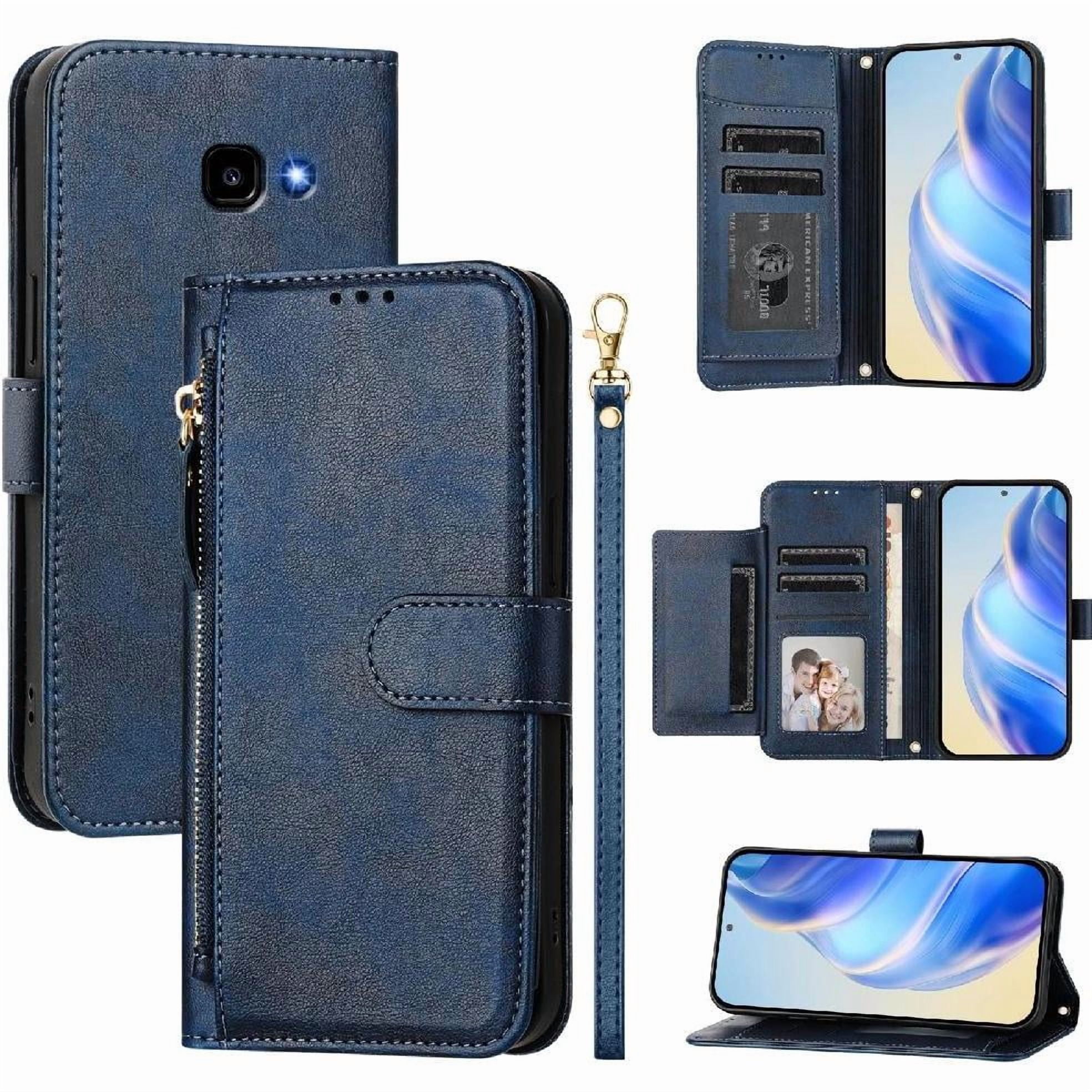 Foxdock - Funda Tipo Cartera Para Samsung Galaxy A3 2017 Con Bolsillo Con Cremallera, Tarjetero, Soporte, Correa Para La Muñeca Y Tapa De Cuero Azul