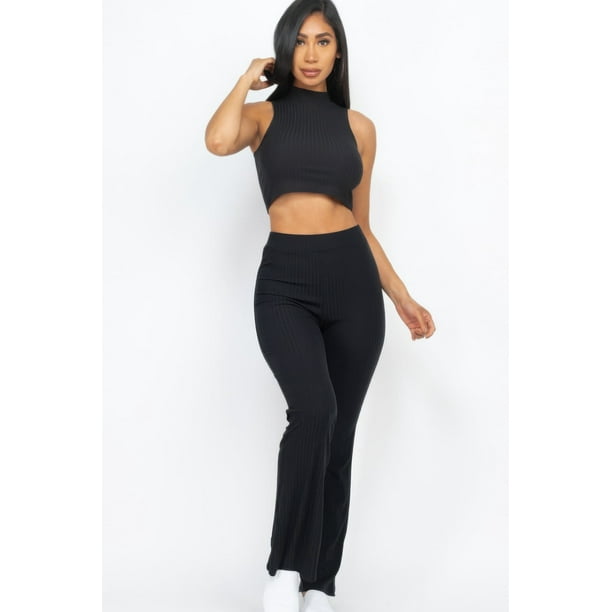 Conjunto de Top Corto de Cuello Alto Acanalado y Pantalones de Corte Bota