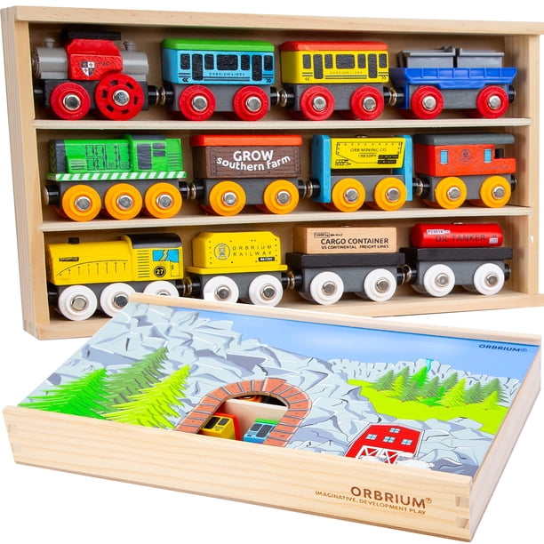 Set de 12 vagones de tren Orbrium con caja de almacenamiento de madera para 3 a 7 años