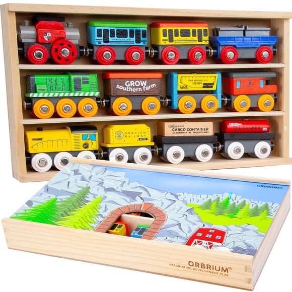 Set de 12 vagones de tren Orbrium con caja de almacenamiento de madera para 3 a 7 años
