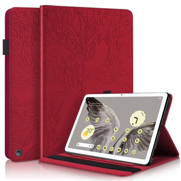 Funda con relieve del Árbol de la Vida para tablet Google Pixel Tablet con soporte, ranuras para tarjetas y soporte para lápiz óptico. Rojo