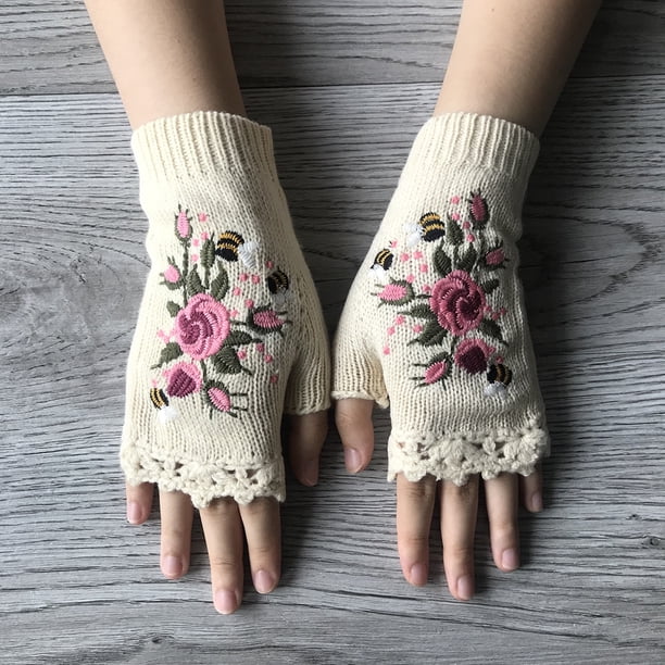 Flower Embroidery Gloves - Handmade Knit Fingerless Gloves for Women