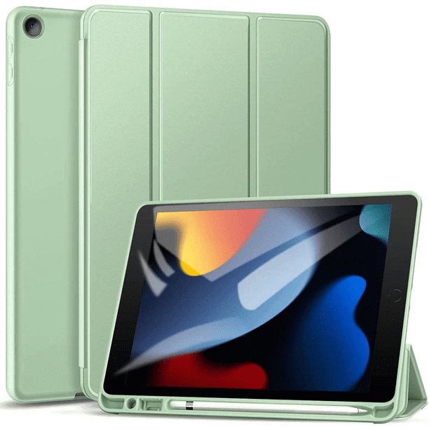 Funda ultrafina con tres solapas para iPad de 9.ª, 8.ª y 7.ª generación, con portalápices y función de encendido y apagado automático, para iPad de 10,2 pulgadas (2021/2020/2019), color verde hierba