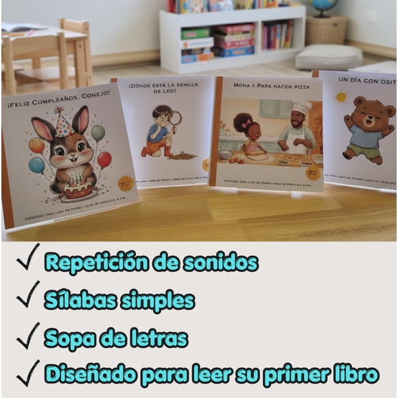 Colección de 4 cuentos infantiles con actividades (3-7 años): ¡Feliz Cumpleaños, Conejo!, ¿Dónde Está la Semilla de Leo?, Mona y Papá Hacen Pizza y Un Día con Osito