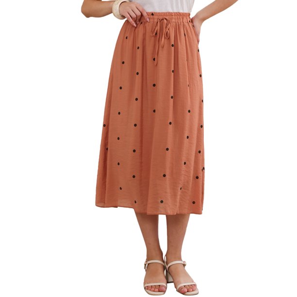 INSPIRE CHIC Falda Vintage de Lunares para Mujer, Falda Midi de Línea A Plisada Casual con Cintura Elástica S Naranja Quemado