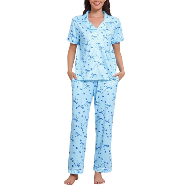 INSPIRE CHIC Conjunto de Pijama para Mujer Manga Corta Ropa de Dormir Camisones Botón Abajo Estampado de Patrón Cuello con Solapa Cintura Elástica Pantalones de Pierna Ancha Recta L Azul