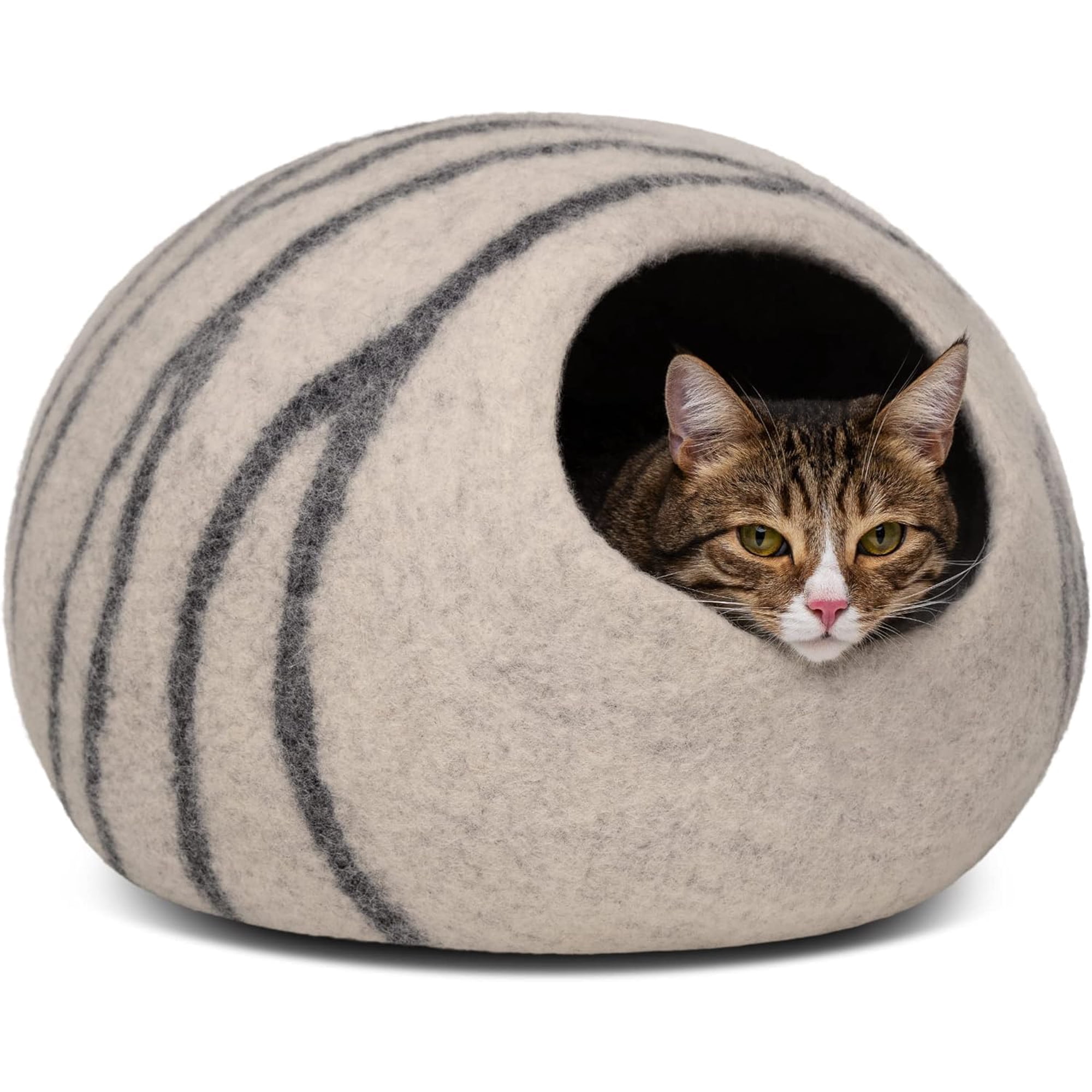 Cueva para gatos MEOWFIA de lana merino hecha a mano, gris claro, grande