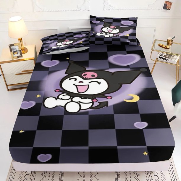 Kuromi Fitted Sheet My Melody Bedspread Cute Kuromi Full Surround Protective Cover For Girls Boys Adults With Pillowcase 2/3pcs Bed Sheets