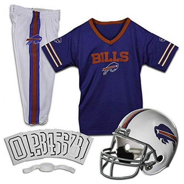 Conjunto de uniforme de fútbol americano para niños de Franklin Sports Buffalo Bills - Disfraz de fútbol americano de la NFL para niños y niñas - Incluye casco, jersey y pantalones - Mediano