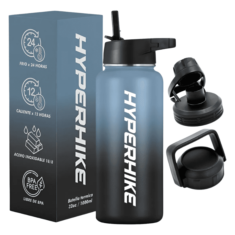 Termo Acero Inoxidable 1lt Hyperhike Botella Térmica 3 Tapas Azul / Negro
