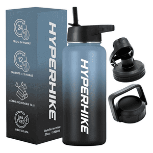 Termo Acero Inoxidable 1Lt Hyperhike Botella Térmica 3 Tapas Azul / Negro