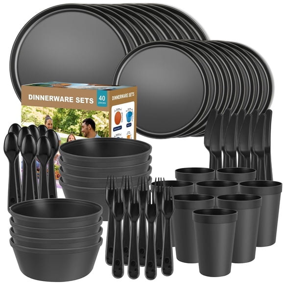 Juego de vajilla de plástico Blwan, 40 piezas para 8 personas con cubiertos, color negro