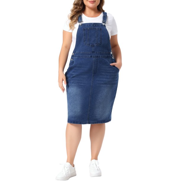 Agnes Orinda Vestido de Mezclilla para Mujer Talla Grande Escuela Colegio Vintage con Tirantes Ajustables Pinafore Abertura Trasera Casual Midi Bib Jean con Bolsillos 2X Azul Oscuro