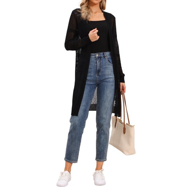INSPIRE CHIC Cárdigan de Crochet Ligero de Mayor Longitud para Mujeres, Casual, Abierto al Frente, Cubierta de Playa de Verano, M Negro