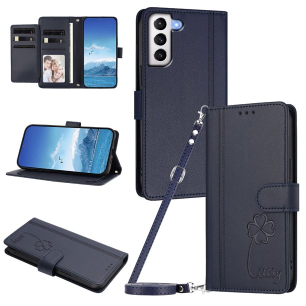 Funda Cartera Trébol para Samsung Galaxy S21 Plus con Ranuras Tarjetas y Carga Inalámbrica Azul oscuro