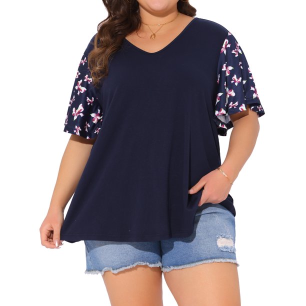 Agnes Orinda Blusa Casual de Verano para Mujer de Talla Grande con Estampado Floral, Cuello en V, Mangas Cortas y Volantes, Talla 1X, Azul Oscuro, 2025