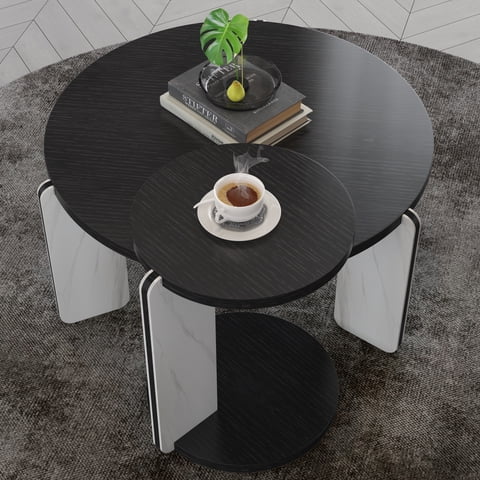 M&Ms - 32.68"" & 16.93"" Round Coffee Table End Table Sofa Table Side Table Set With Black Oak Veneer Surface 25Mm Mdf For Living Room Dinning Room Bedroom, Sintered Stone Legs White+Black, 83 + 43Cm Diameter