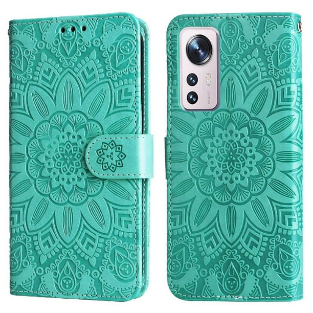 Funda tipo cartera FOXDOCK para Xiaomi 12 , diseño girasol en relieve, cuero PU, cierre magnético, soporte y tarjetero