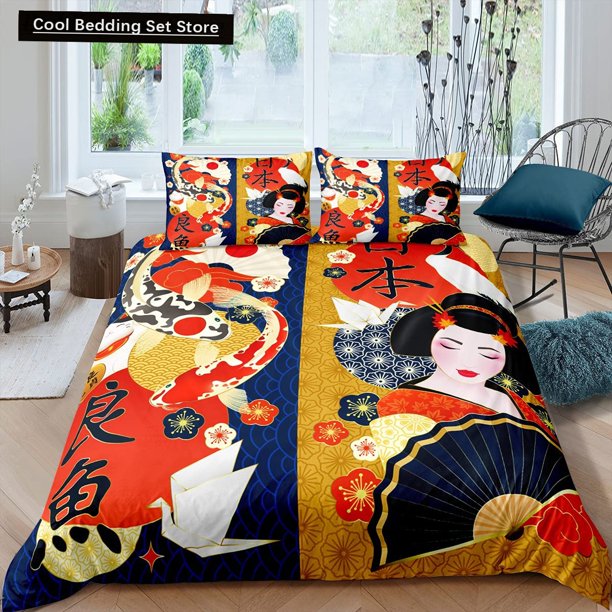 Japanese Style Duvet Cover Koi Fish Cherry Bedding Set Ukiyo-E Geisha Quilt Cover Sun Crane Polyester Comforter Cover Bed Sheets