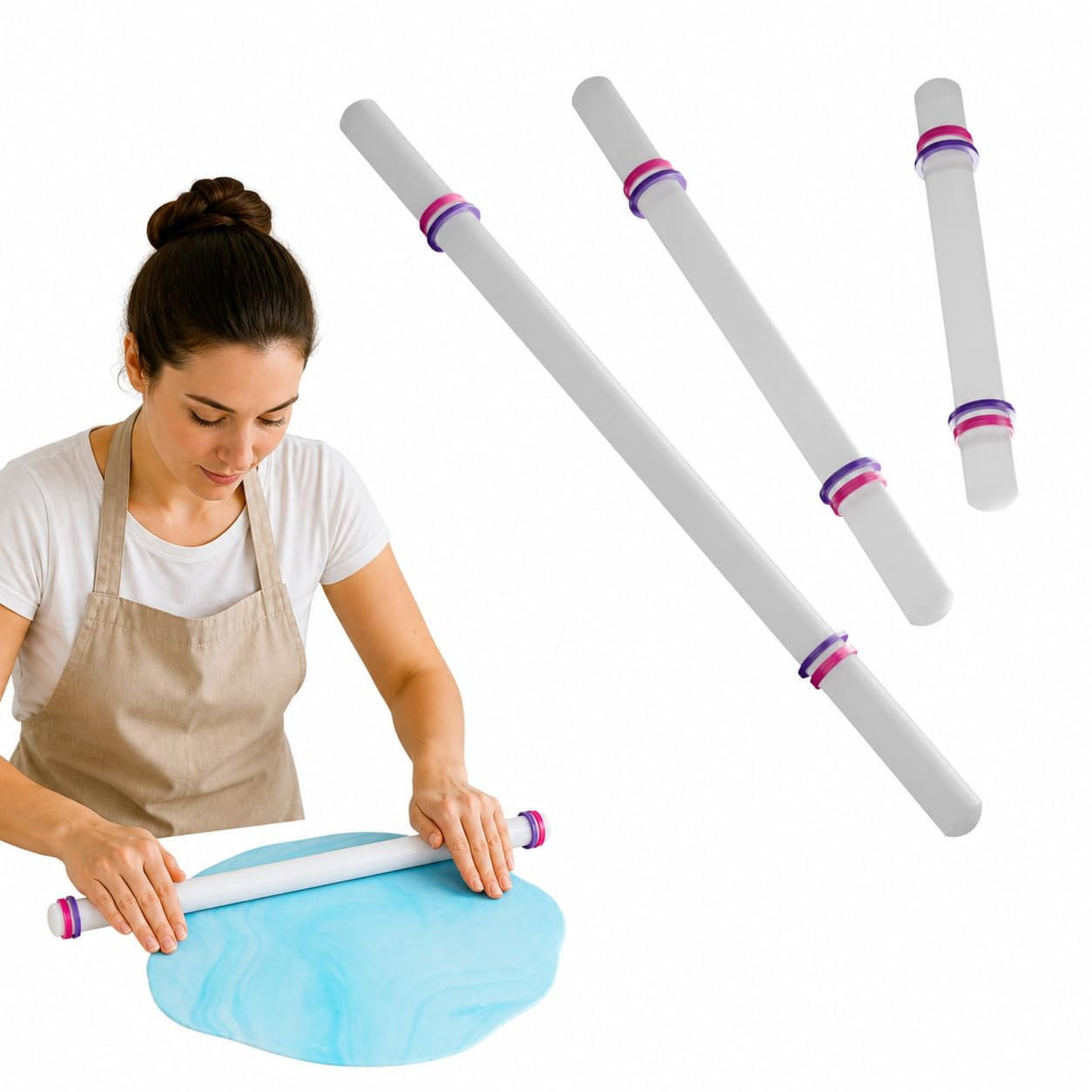 Set De Rodillos Para Fondant Bakerpan De 50 Cm, 33 Cm Y 23 Cm Con Anillos
