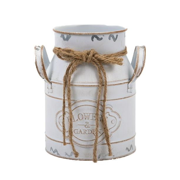 Jarrón de metal vintage, jarra de leche de metal galvanizado, jarrón de granja con asa decorativa
