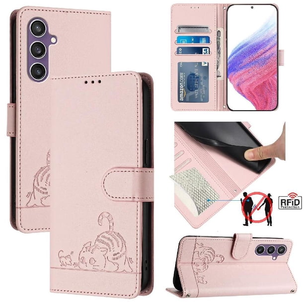 Funda tipo cartera FOXDOCK para Samsung Galaxy S24 Plus con soporte, ranuras, RFID, diseño de gato