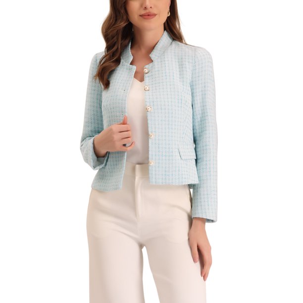 INSPIRE CHIC Chaqueta Corta de Trabajo con Botones y Blazer de Tweed a Cuadros de Manga Larga para Mujer M Azul Claro