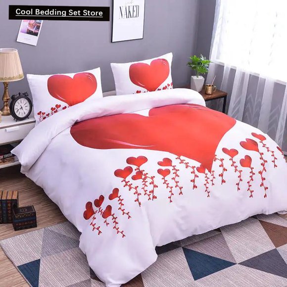 Room Decor Home Bedding Sets Red Heart Printing Size Pillowcase Duvet Cover Set Polyester Bedclothes Bed Sheets