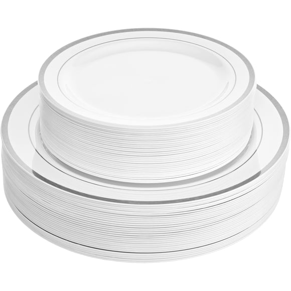 Platos de plástico Aya's 60 con borde plateado para fiestas, 30 cenas y 30 postres