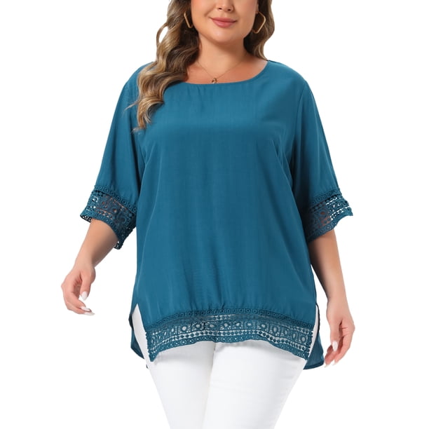 Agnes Orinda Camisetas de Mujer Tallas Grandes Cuello Redondo Encaje Crochet Manga Corta Blusas Casuales 2X Azul Pavo Real