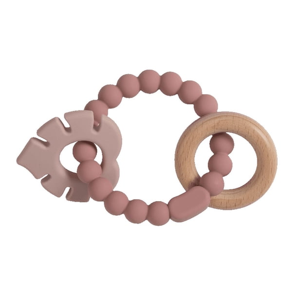 3-in-1 BPA-Free Silicone Teether: Leaves Design, Wood Ring, Infant Teething Toys - Food Grade Nursing Teether