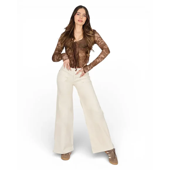 Jeans Wide Leg Color Crema Tiro Alto Giulia Divine