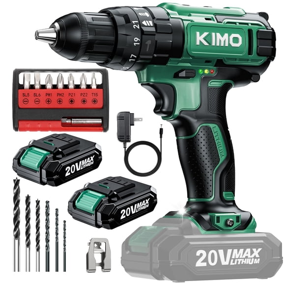 Perforador percutor KIMO, 20 V, inalámbrico, con 2 baterías, 350 Nm de par