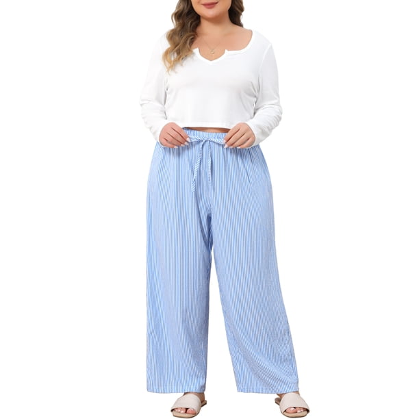 Conjunto de Pijama para Mujer de Talla Grande Agnes Orinda, Top Corto de Manga Larga con Cuello en V y Pantalones de Pierna Ancha con Cordón a Rayas, Conjunto de Ropa de Dormir de 2 Piezas 5X Azul