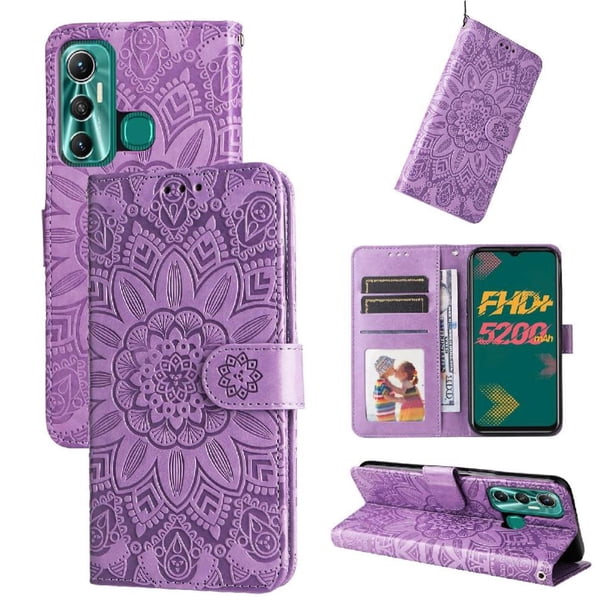 Funda tipo cartera FOXDOCK para Infinix Hot 11 , diseño girasol en relieve, cuero PU, cierre magnético, soporte y tarjetero
