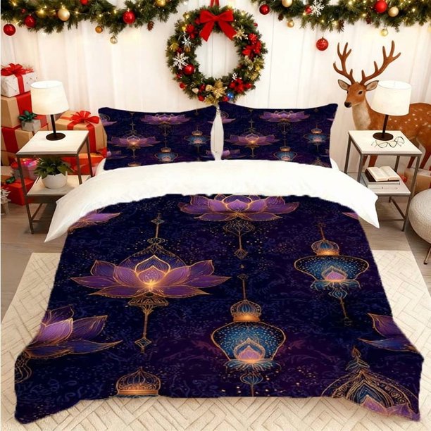 Purple Golden for Lotus Printed Duvet Cover Set Bedding Set Including Duvet Cover and Pillowcases Multi-Color Print Suitable for All Seasons Ideal for Home and