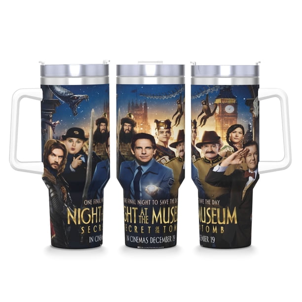 Noche en el Museo Vaso aislado de acero inoxidable con asa, diseño temático, regalo para familia, amigos y fans; incluye pajita y encaja en el portavasos estándar, 40 oz