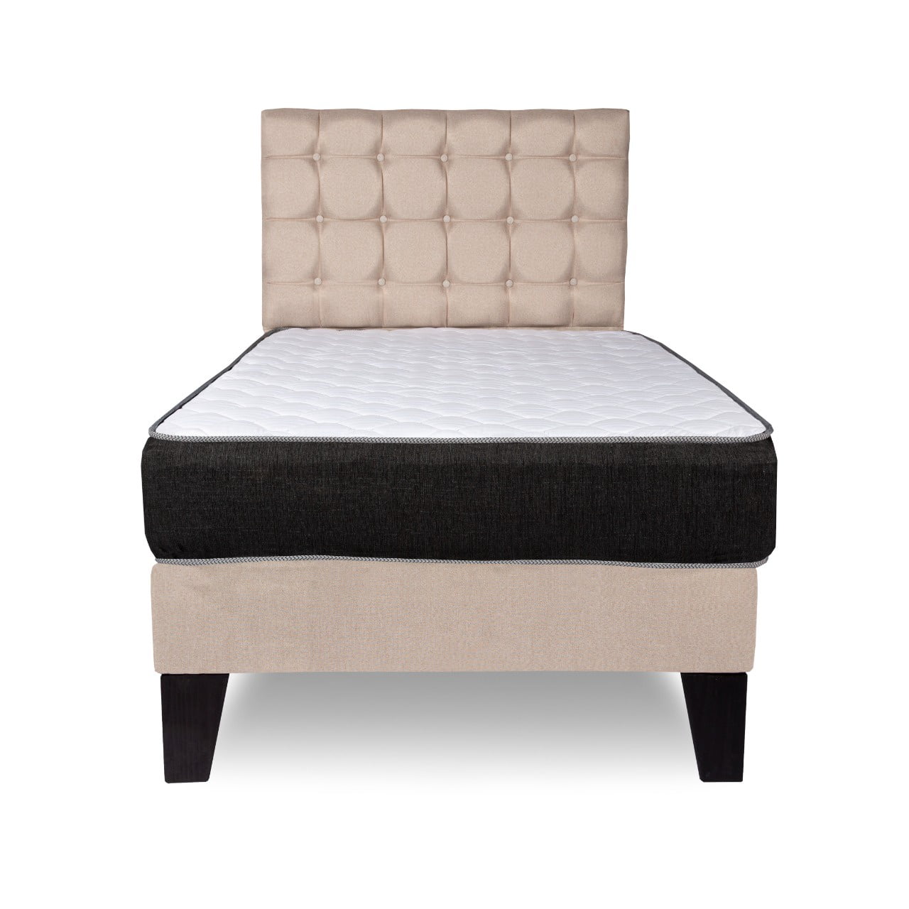 M Sole - Cama 1.5 Plazas Completa Base Americana + Colchón De Resortes + Respaldo Cuadros Beige
