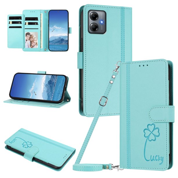 Funda Cartera Trébol para Motorola Moto G14 4G con Ranuras Tarjetas y Carga Inalámbrica Verde menta