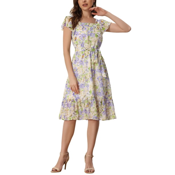 INSPIRE CHIC Vestido Midi Floral para Mujer Cuello Cuadrado Mangas Cortas con Volantes Dobladillo con Volantes Línea A Vestido de Invitada de Boda de Verano Lila XL