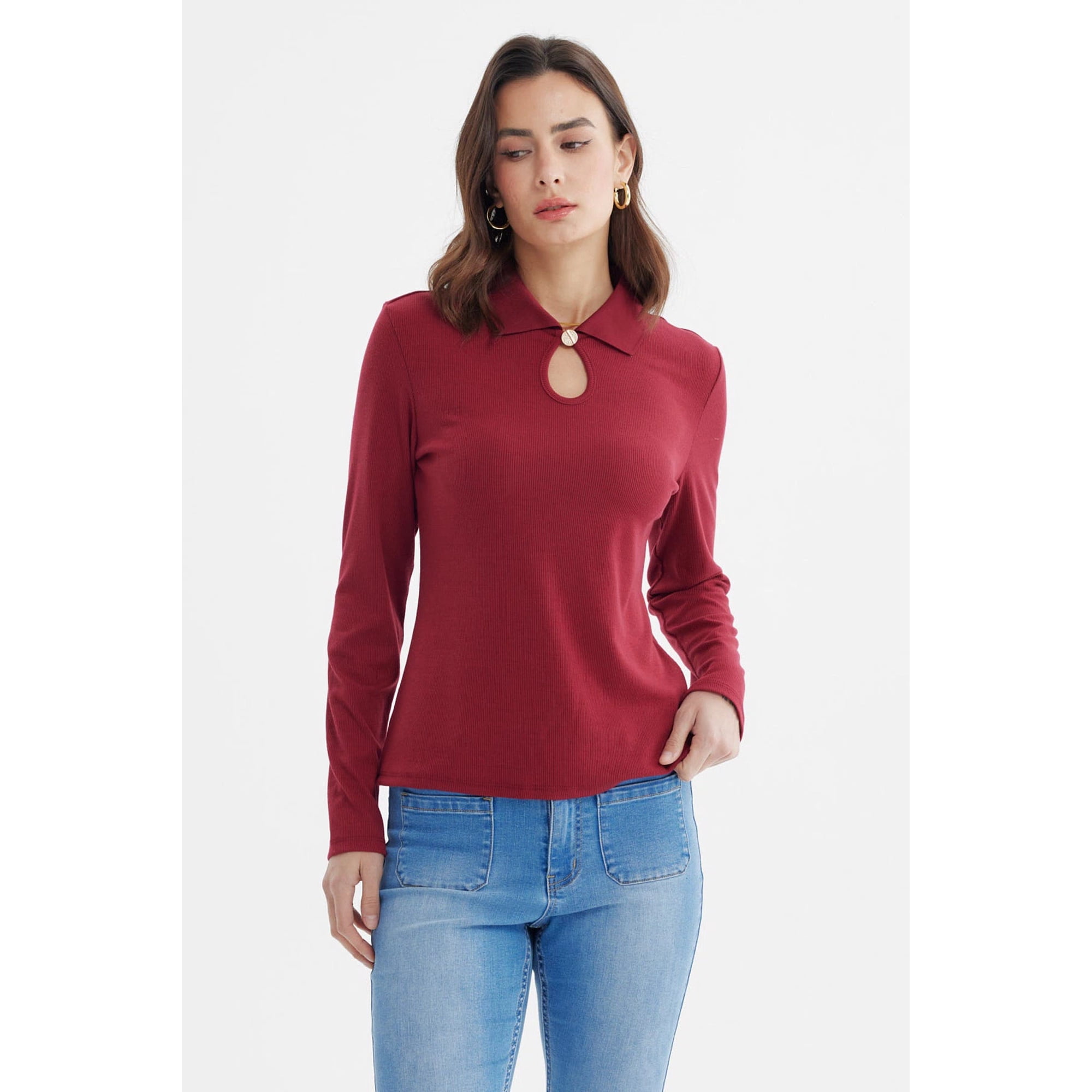 Fashionspark - Polera Mujer Detalle Cuello Escote Burdeo