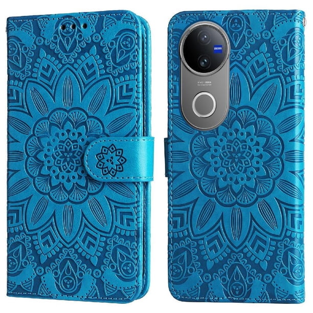 Funda tipo cartera FOXDOCK para Vivo V50 , diseño girasol en relieve, cuero PU, cierre magnético, soporte y tarjetero
