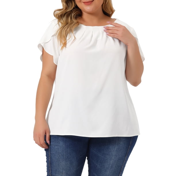 Agnes Orinda Blusa de Verano para Mujer Talla Grande de Trabajo con Mangas Cortas Plisadas Cuello Redondo Mangas de Tulipán 5X Blanca