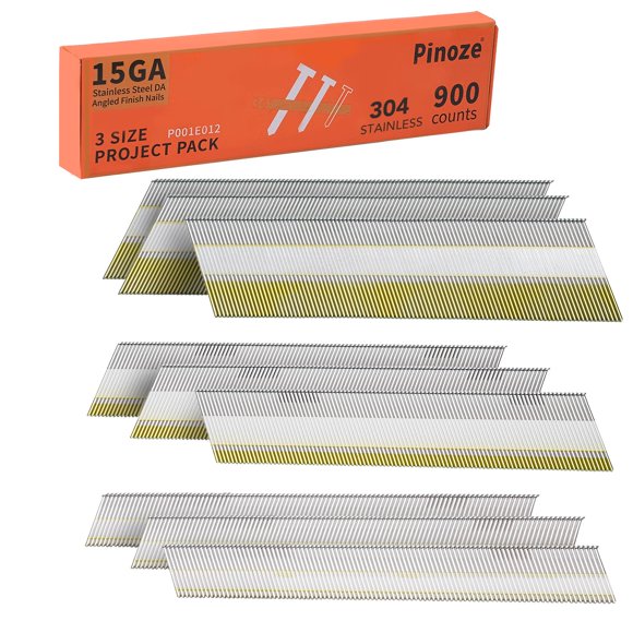 PINOZE Clavos de Acabado Angulados de Acero Inoxidable, Calibre 15, Ángulo 34°, Pack de 900 (2‑1/2", 2", 1‑1/4" 300 por tamaño), Pack Mixto para Pistola Neumática o Eléctrica