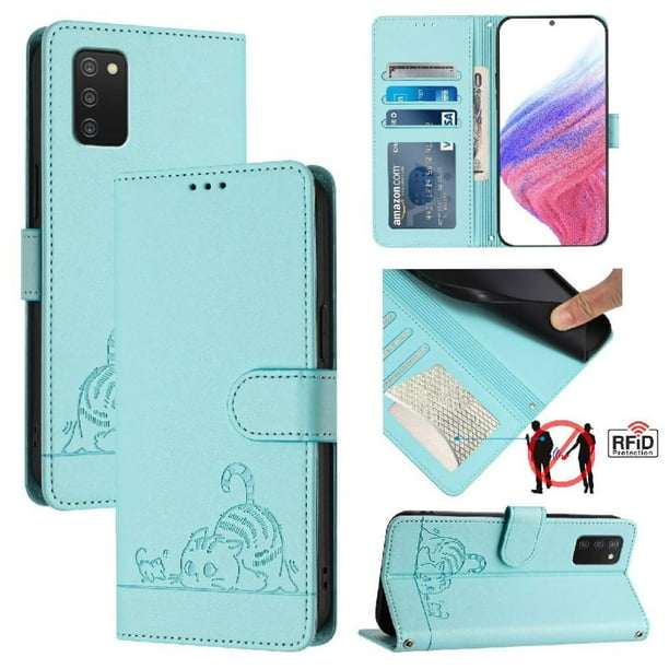 Funda tipo cartera FOXDOCK para Samsung Galaxy A03s con soporte, ranuras, RFID, diseño de gato
