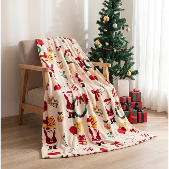 Manta Navideña Para Sofá 150x200 Cm Crema Santas Y Coronas Navidad