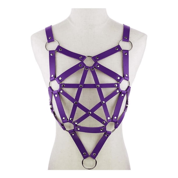 PU Leather Body Harness Fetish Punk Goth Metal Rivet Belt Strap Pentagram Bra