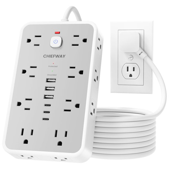 Regleta Chiefway de 6 m, 16 tomacorrientes y 6 puertos USB, 2400 J