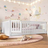 M&Ms - Full Size Bed Floor Bed With Safety Guardrails And Door For Kids,White
