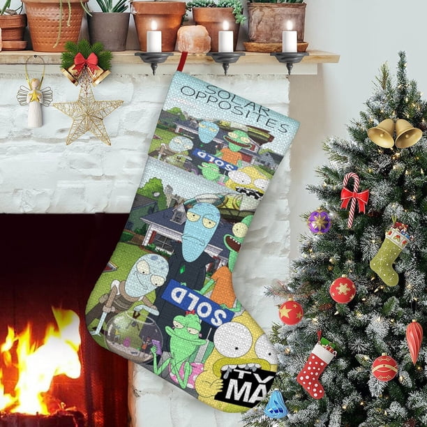 Opuestos Solares Tema: Calcetines de Navidad, fino lino blanco para colgar en escaleras y chimenea, decoración navideña para el hogar, regalo de Navidad. 45cm × 32cm